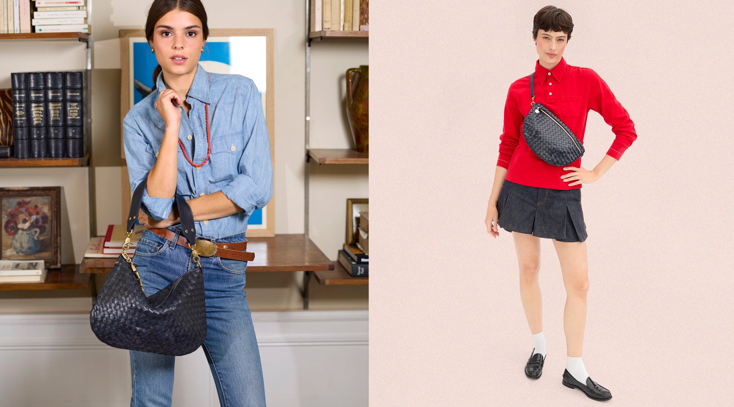 Model carrying the Twilight Diagonal Woven Moyen Messenger while another model carryings the Twilight Diagonal Woven Grande Fanny. 